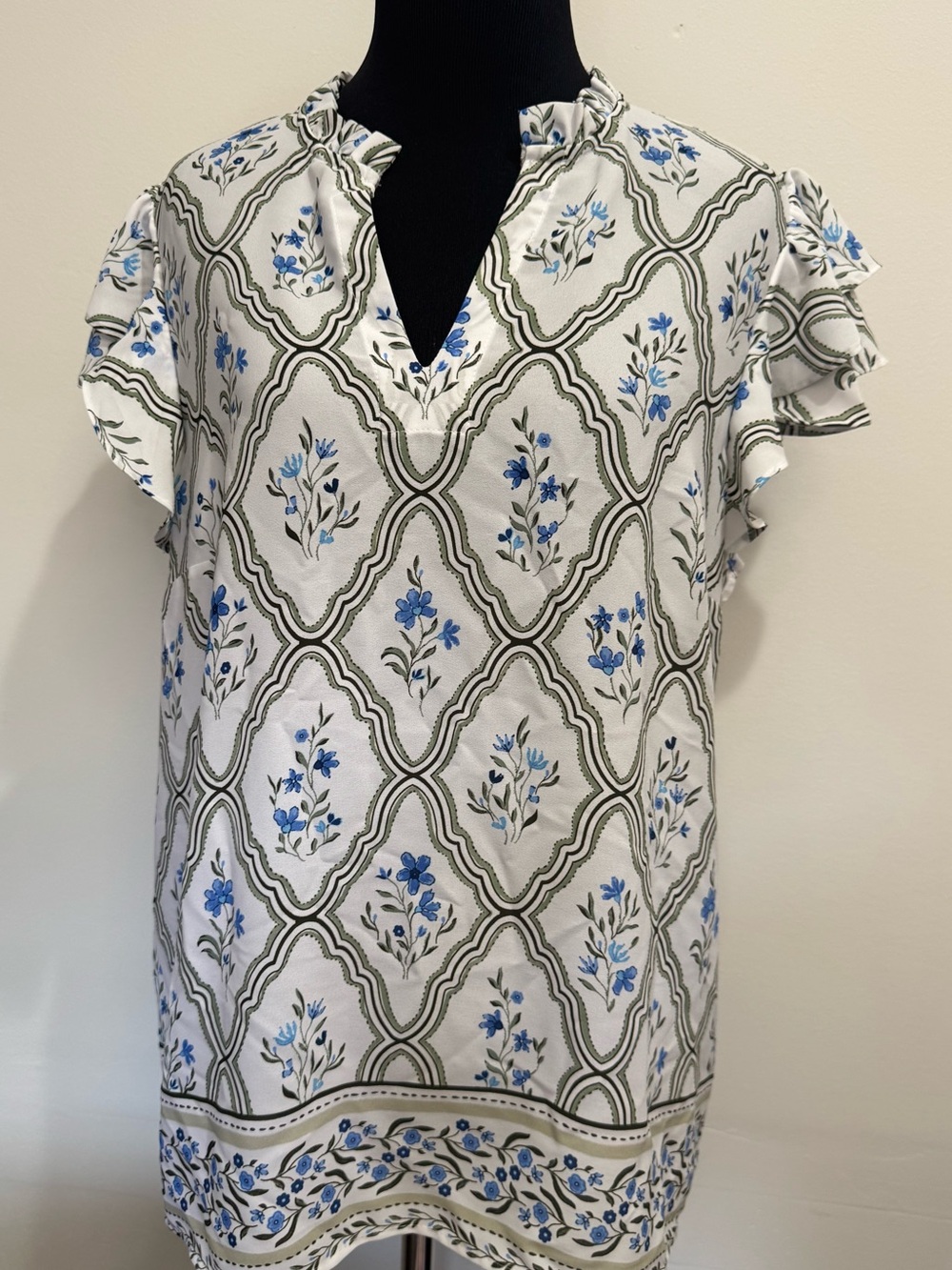 Women's 1.STATE Blue Floral Print Ruffle Sleeve Blouse Women’s